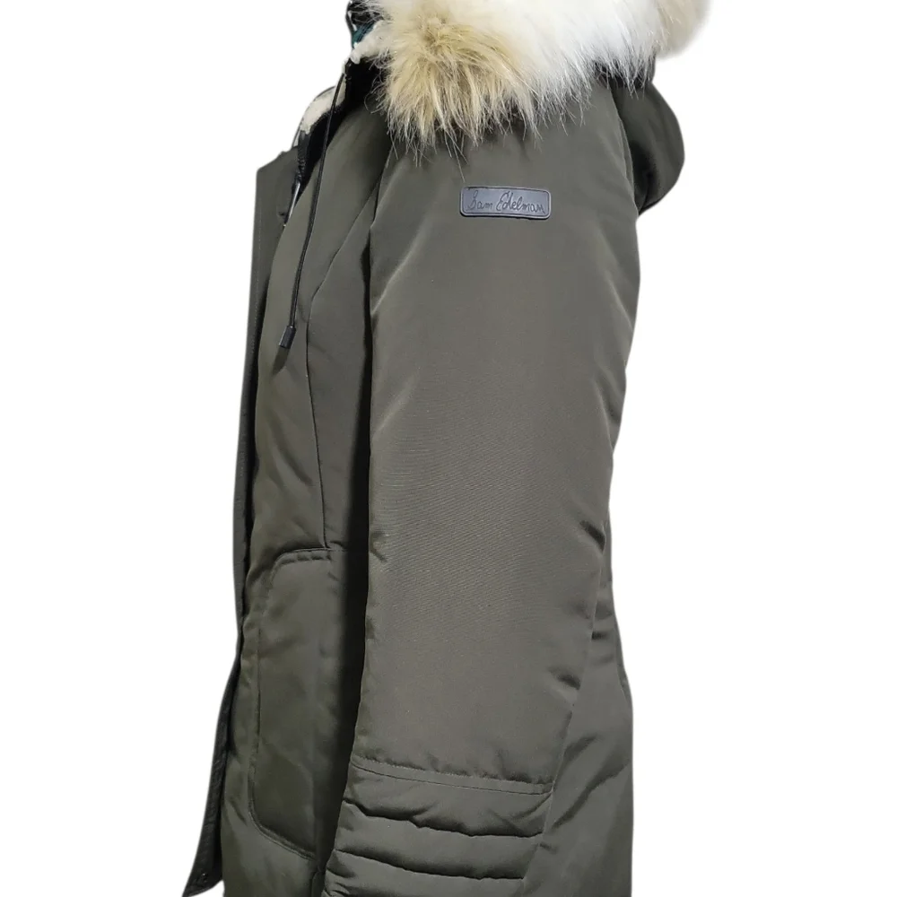 Sam Edelman Women's Faux Fur Lined Mid Puffer Coat Size M Green Removable Hood - Picture 7 of 16